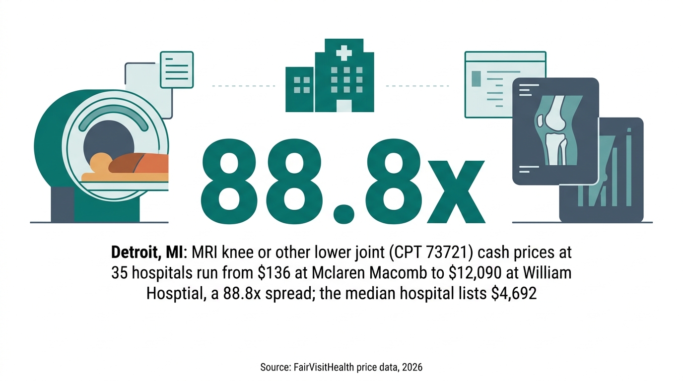 Detroit, MI: MRI knee or other lower joint (CPT 73721) cash prices at 35 hospitals run from $136 at Mclaren Macomb to $12,090 at William Beaumont Hosptial, a 88.8x spread; the median hospital lists $4,692