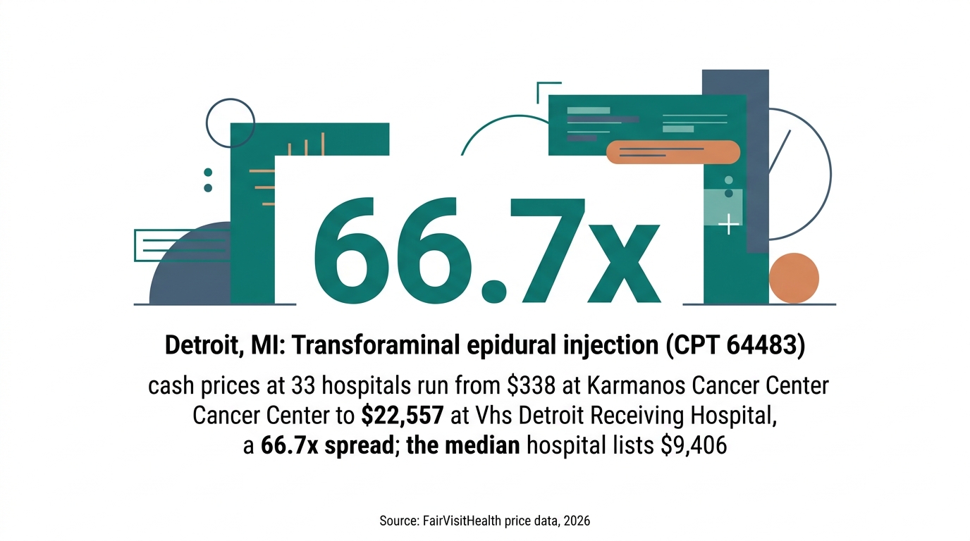 Detroit, MI: Transforaminal epidural injection (CPT 64483) cash prices at 33 hospitals run from $338 at Karmanos Cancer Center to $22,557 at Vhs Detroit Receiving Hospital, a 66.7x spread; the median hospital lists $9,406