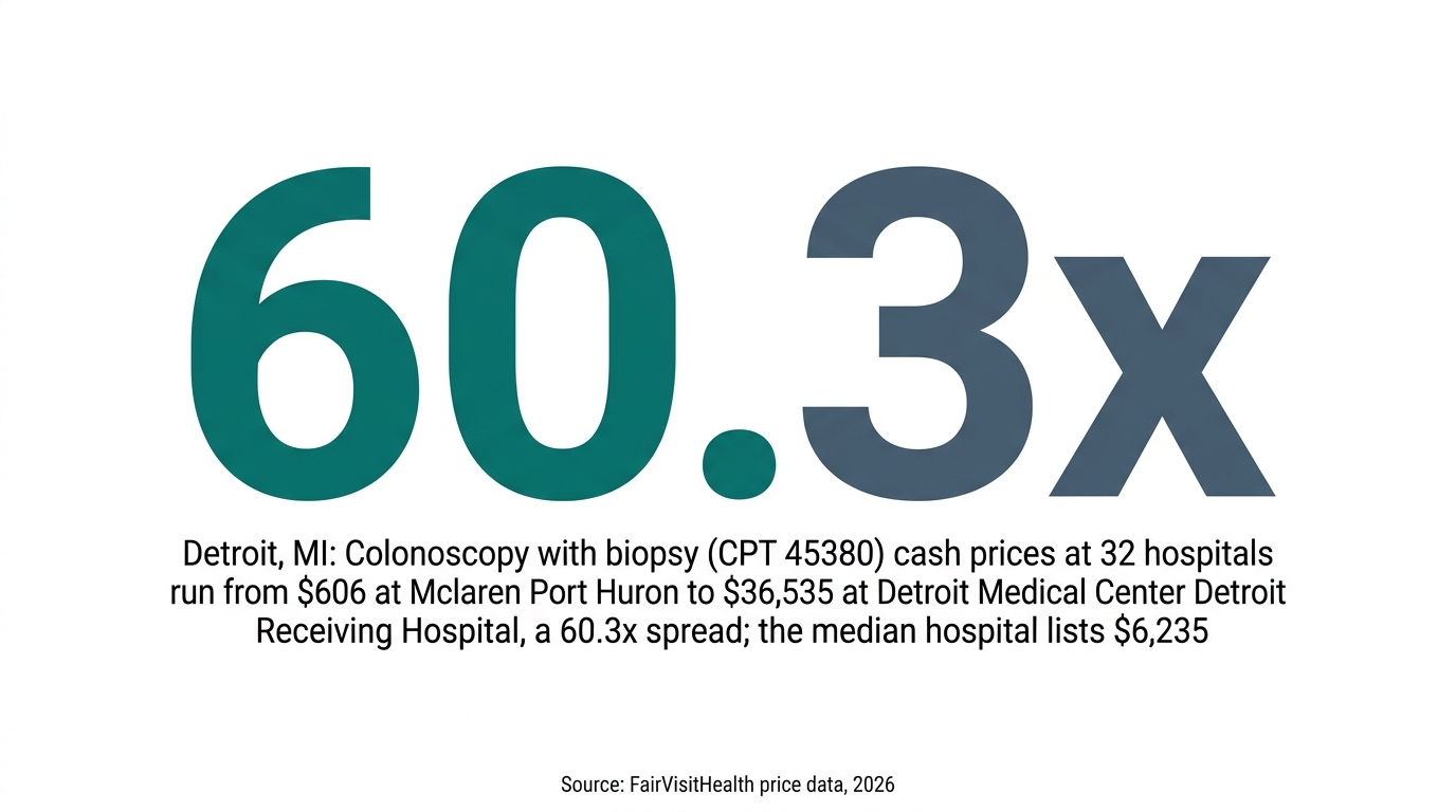 Detroit, MI: Colonoscopy with biopsy (CPT 45380) cash prices at 32 hospitals run from $606 at Mclaren Port Huron to $36,535 at Detroit Medical Center Detroit Receiving Hospital, a 60.3x spread; the median hospital lists $6,235