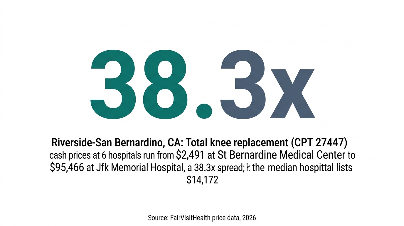 Riverside-San Bernardino, CA: Total knee replacement (CPT 27447) cash prices at 6 hospitals run from $2,491 at St Bernardine Medical Center to $95,466 at Jfk Memorial Hospital, a 38.3x spread; the median hospital lists $14,172