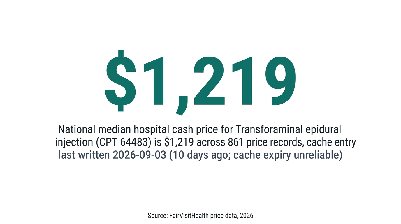 National median hospital cash price for Transforaminal epidural injection (CPT 64483) is $1,219 across 861 price records, cache entry last written 2026-09-03 (10 days ago; cache expiry unreliable)