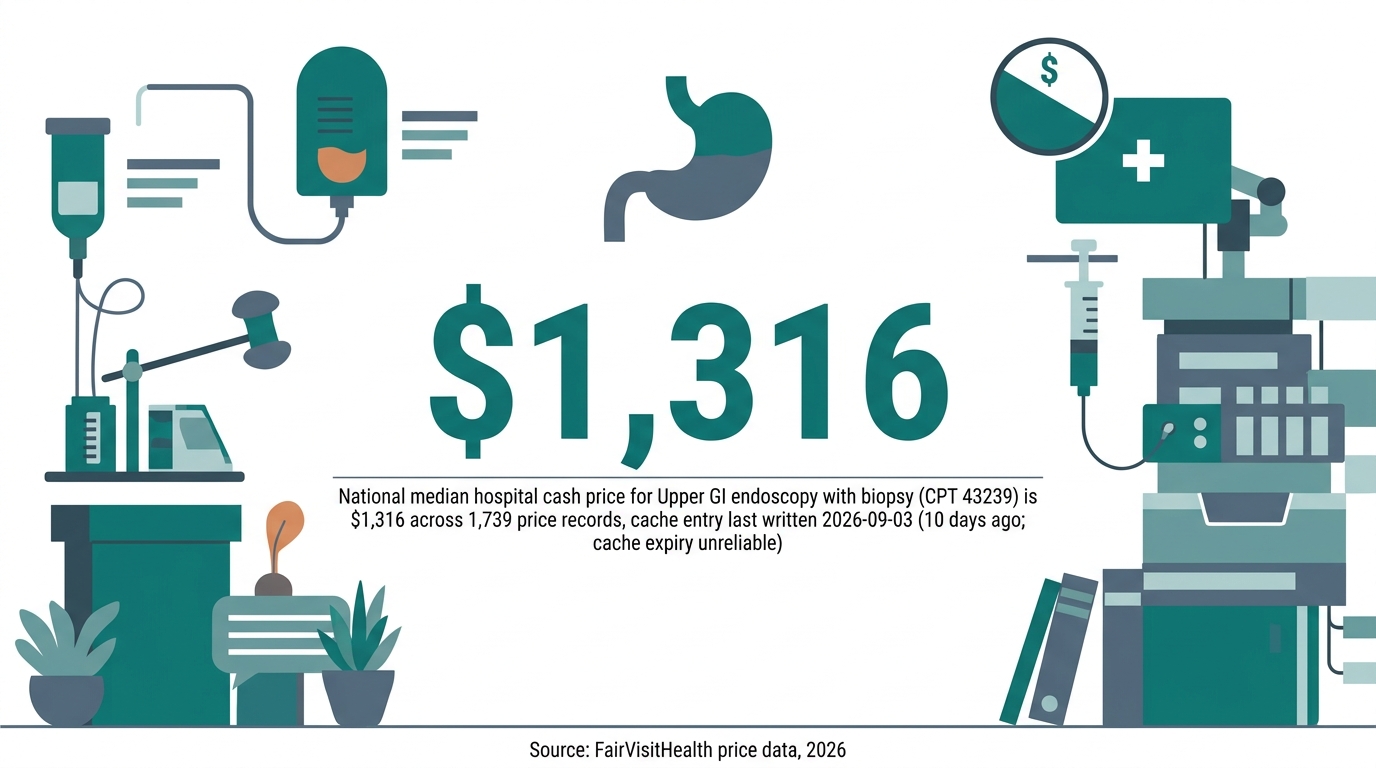National median hospital cash price for Upper GI endoscopy with biopsy (CPT 43239) is $1,316 across 1,739 price records, cache entry last written 2026-09-03 (10 days ago; cache expiry unreliable)
