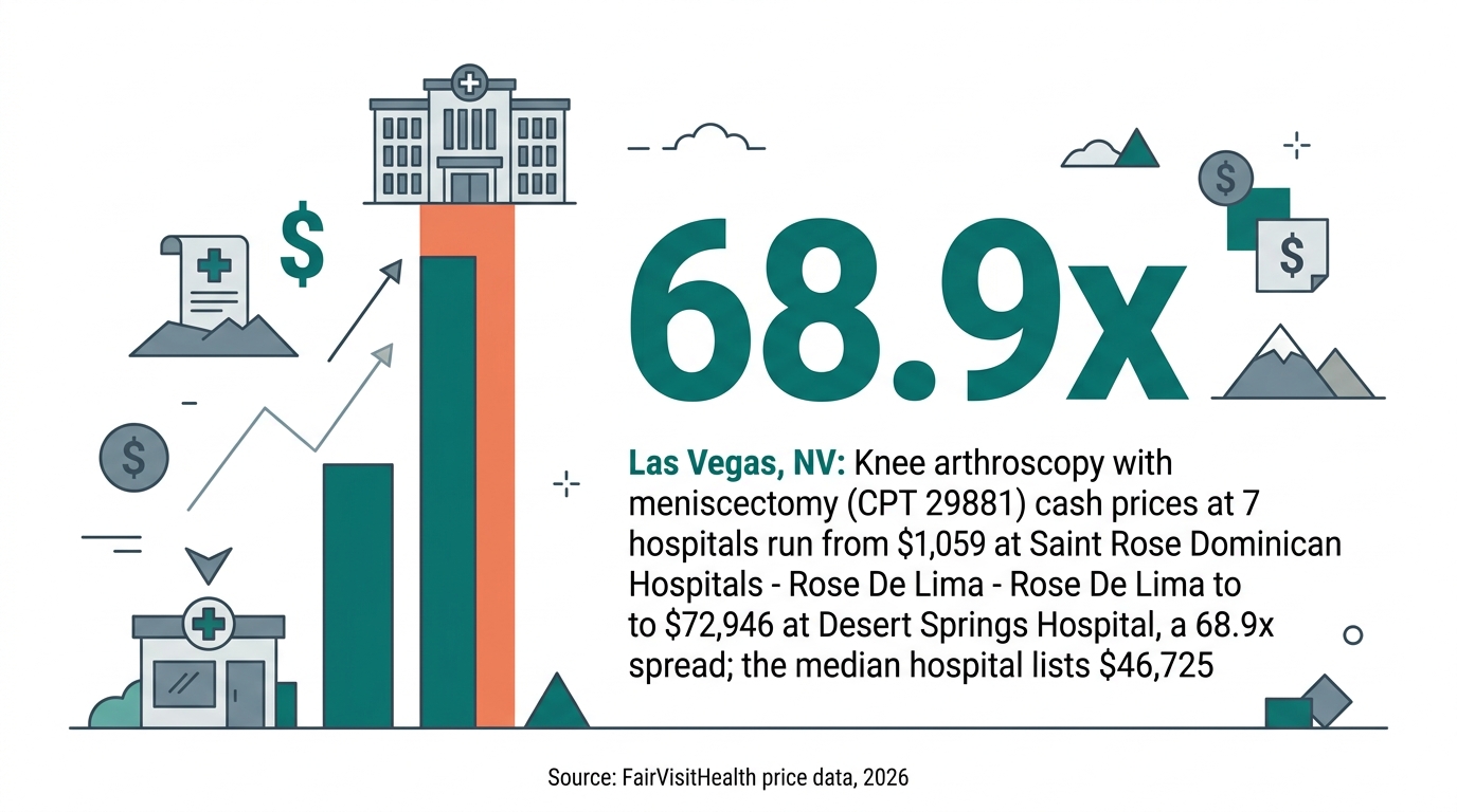 Las Vegas, NV: Knee arthroscopy with meniscectomy (CPT 29881) cash prices at 7 hospitals run from $1,059 at Saint Rose Dominican Hospitals - Rose De Lima to $72,946 at Desert Springs Hospital, a 68.9x spread; the median hospital lists $46,725