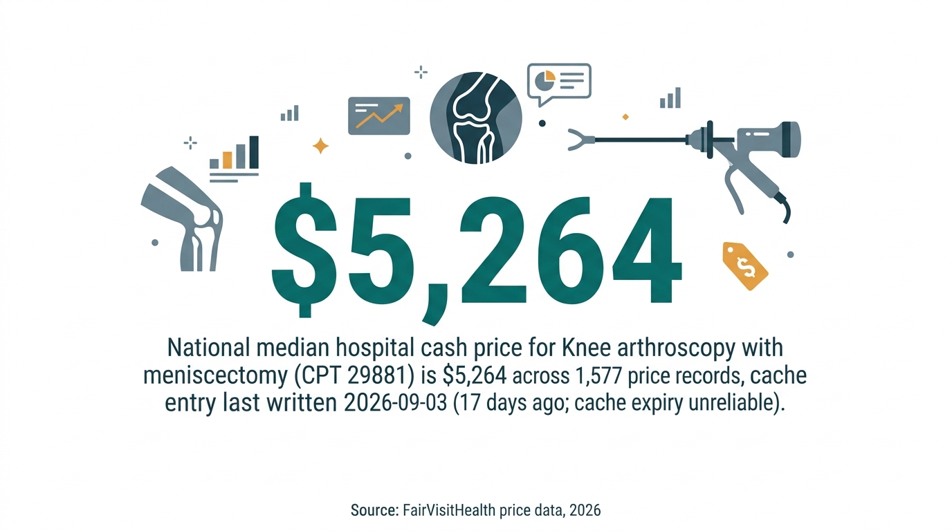 National median hospital cash price for Knee arthroscopy with meniscectomy (CPT 29881) is $5,264 across 1,577 price records, cache entry last written 2026-09-03 (17 days ago; cache expiry unreliable)