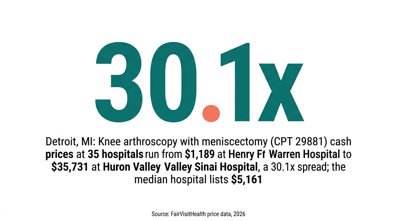 Detroit, MI: Knee arthroscopy with meniscectomy (CPT 29881) cash prices at 35 hospitals run from $1,189 at Henry Ford Warren Hospital to $35,731 at Huron Valley Sinai Hospital, a 30.1x spread; the median hospital lists $5,161